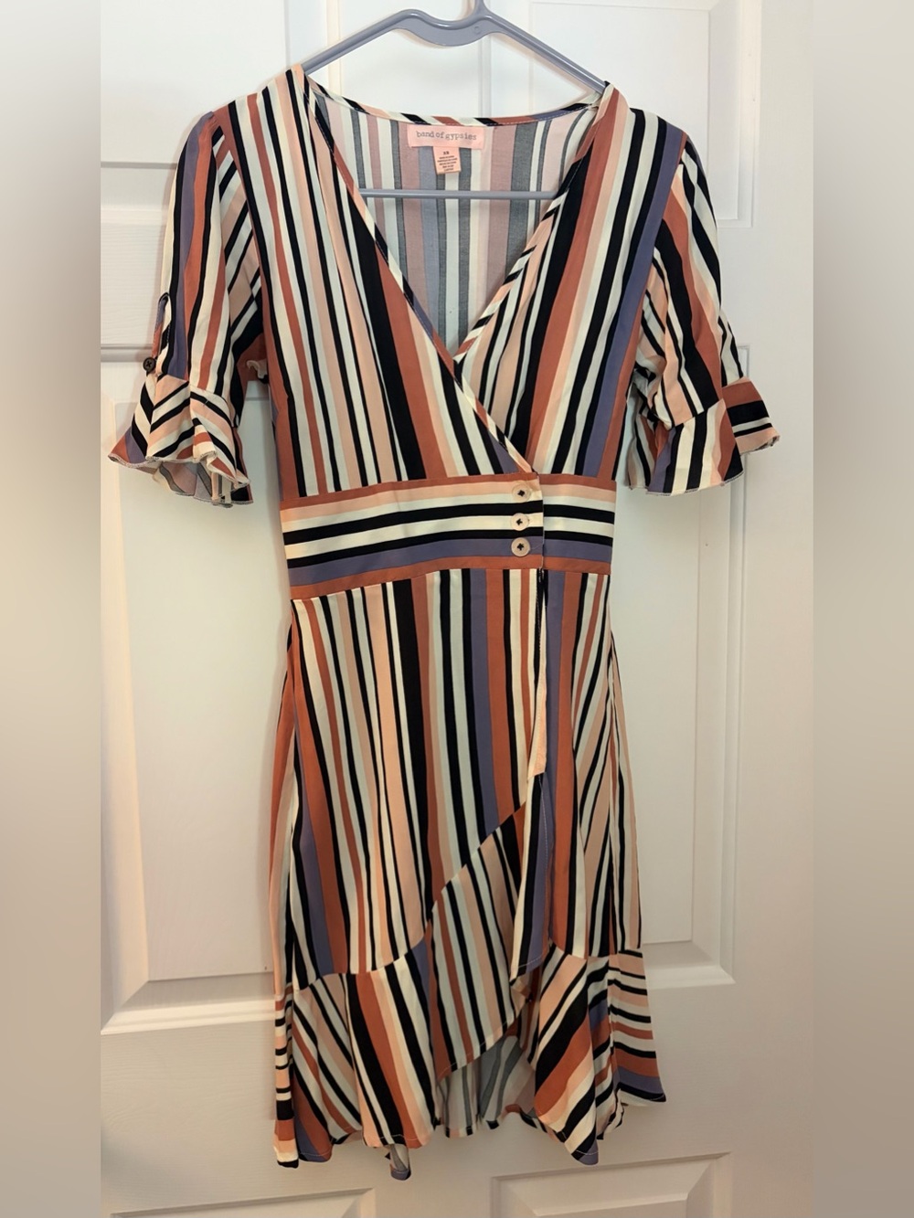 Band of Gypsies V-Neck Button Wrap Dress Rose Cream Black Lavender Stripe Sz XS